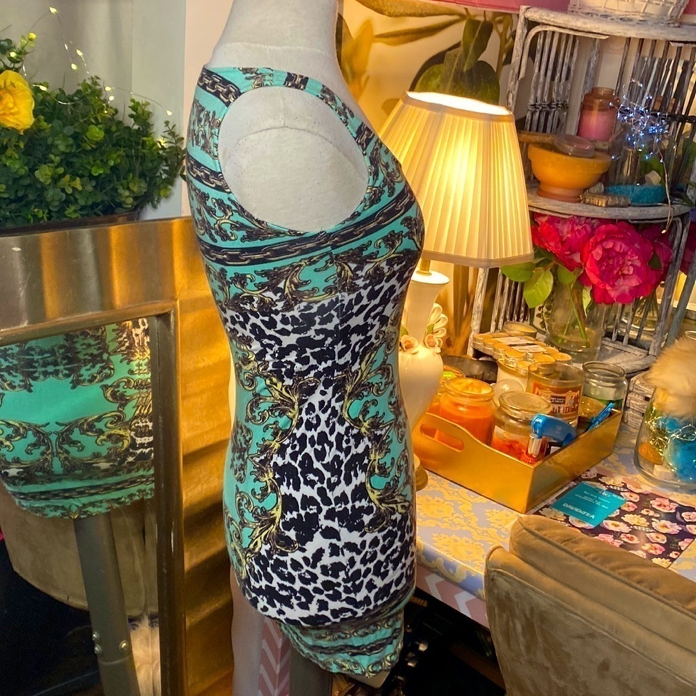 ๐ท Buffalo David Bitton ๐ท Y2K Sleeveless Green Gold Chain Geometric Pattern Dress - Picture 8 of 15